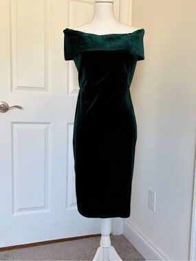 Calvin Klein Velvet Dark Green Off-Shoulder Midi Dress